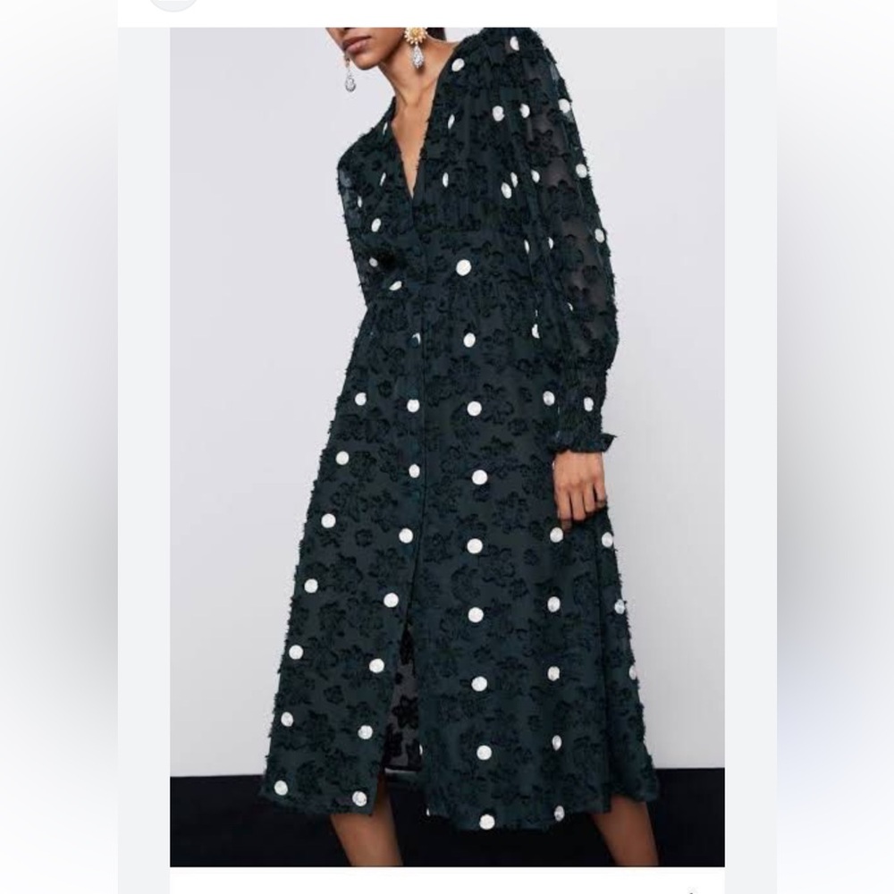BNWOT
Zara Dark Green and White Polka Dot Midi Dress